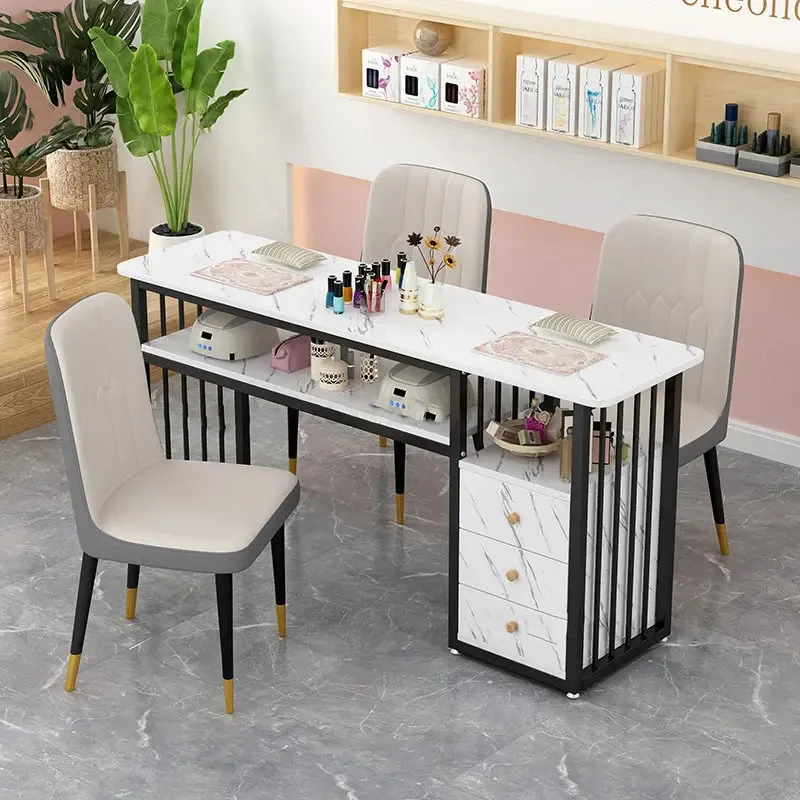 Modern Iron Nail Tables and Chairs Set Creative Home Bedroom Makeup Tables Simple Beauty Salon Professional Nail Manicure Table
