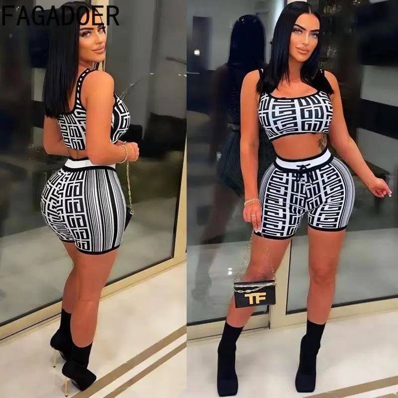 FAGADOER Sexy Printing Patchwork Shorts Sets Women Sleeveless Crop Vest And Shorts Two Piece Outfits Casual Matching Tracksuits