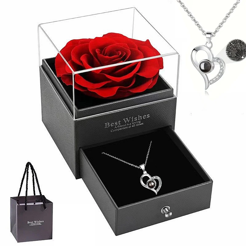Collana con rosa rossa a forma di cuore con confezione regalo: San Valentino, anniversario, compleanno, regalo per la festa della mamma per donne, mamma, moglie 1