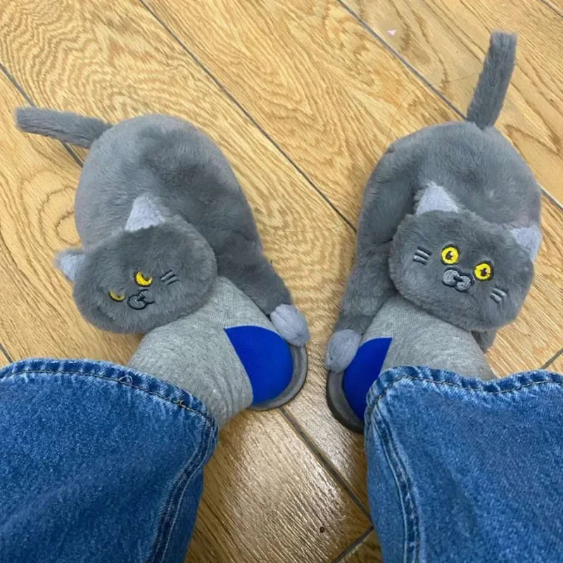 반포장된 블루 고양이 코튼 슬리퍼, 저크 고양이 센스, 코튼 신발, 플러시 홈 귀여운 따뜻한 쇼 힐 시뮬레이션 고양이 슬리퍼