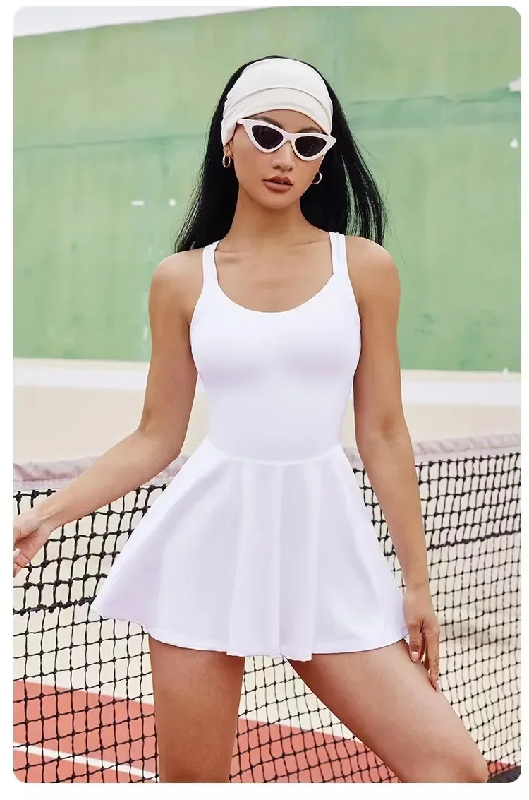 Women One-Piece Beauty Back Yoga Dress Suit Workout Tracksuit Gym Jumpsuits Fitness Sports Sportswear Golf Tennis Pleated Skirt