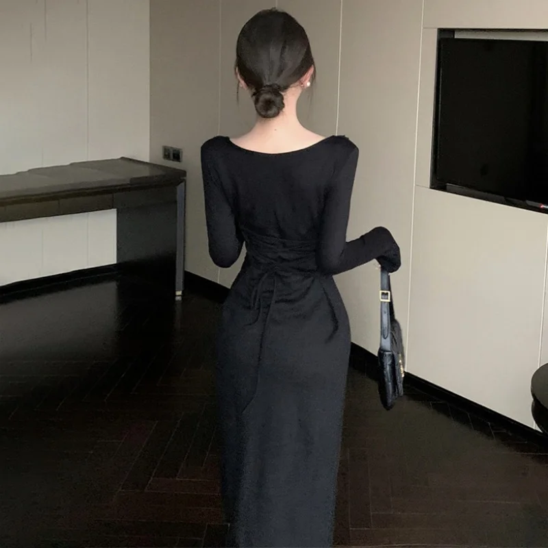 Women Dress y2k Clothes Solid Color Ruffle Tie Up V Neck Long Sleeve Bodycon Long Dresses Party Dresses Streetwear