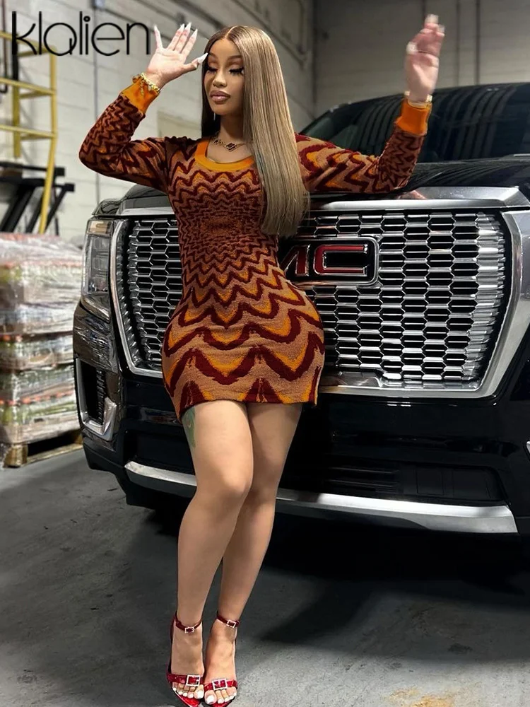 

KLALIEN Knit Wave Print Long Sleeve Mini Dress for Women 2023 Autumn Round Neck Bodycon Short Dresses Party Evening vestido