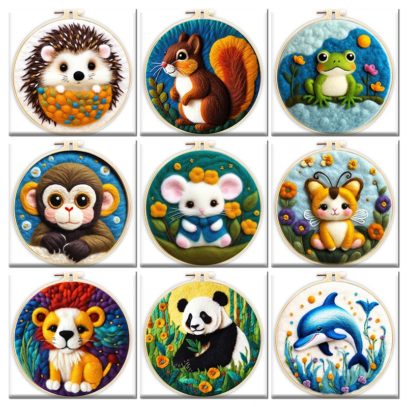DIY Wool Needle Felting Embroidery Pandas Monkeys Bees Felt Material Bag Home Decors Crafts Animal Painting Frame Kit GATYZTORY