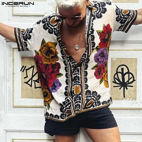 INCERUN 남성 캐주얼 셔츠 인쇄 2023 옷깃 버튼 반소매 여름 남성 의류 휴가 빈티지 Streetwear Camisas S-5XL 7 2