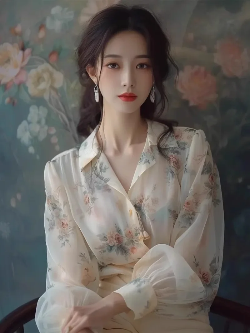 Chiffon Vintage Women's Shirt Summer Printed Women Blouses Fashion Loose Fit Long Sleeves Top Floral Clothing 2024 Korean