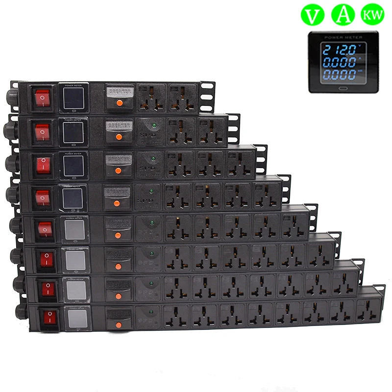 

Rack Mount PDU Power Strip Overload Surge Protection 2-9Ways 16A Socket Voltmeter Ammeter Power Meter 2Meter Cord