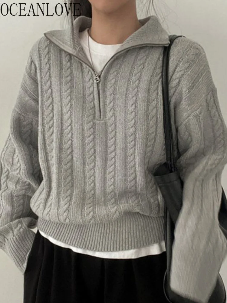 

Pull emme Hiver Solid Zipper Thick Autumn Winter Women Sweaters Vintage All Match Retro Korean Pullovers Warm