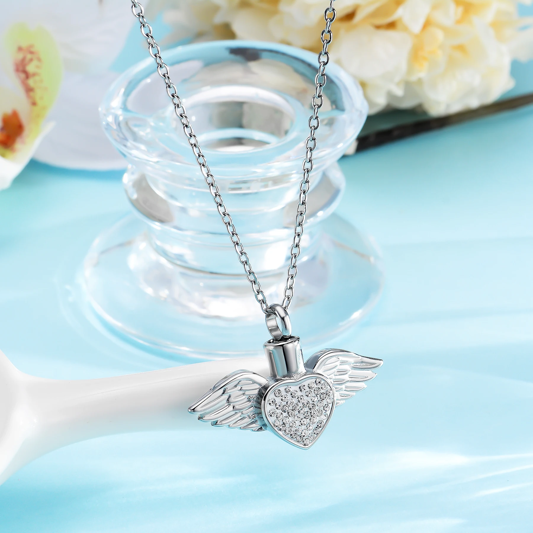 AIWENXI Cristallo cuore urna collane per uomini donne farfalla cremazione gioielli in acciaio inox cenere ciondolo commemorativo amante ricordi gioielli, Acciaio inossidabile