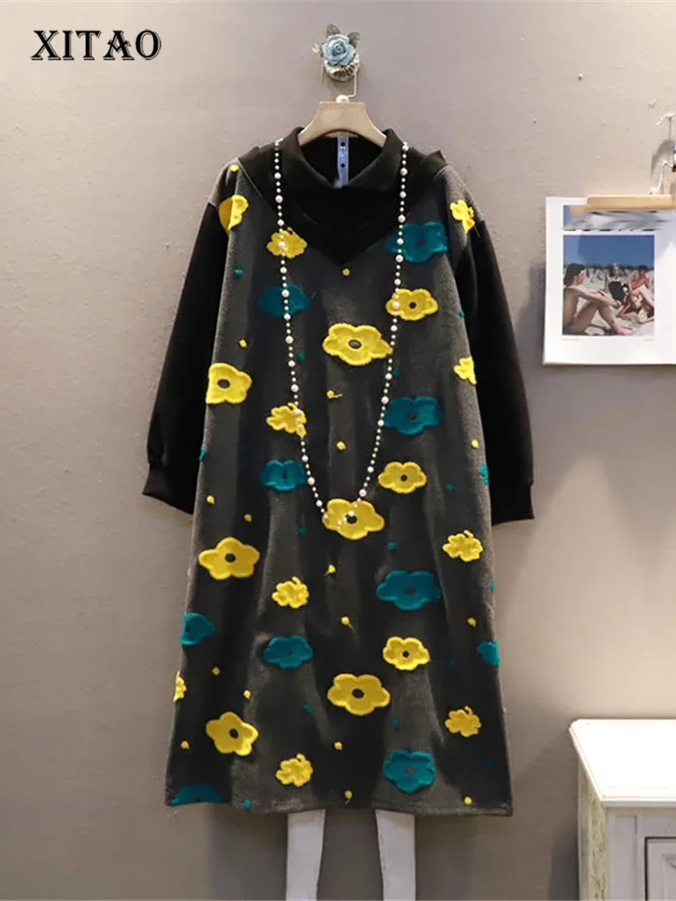 

XITAO False Tow Piece Dress Contrast Color Splicing Flower Pattern Loose Fashion Casual Women Dress 2021 Winter New GWJ2184