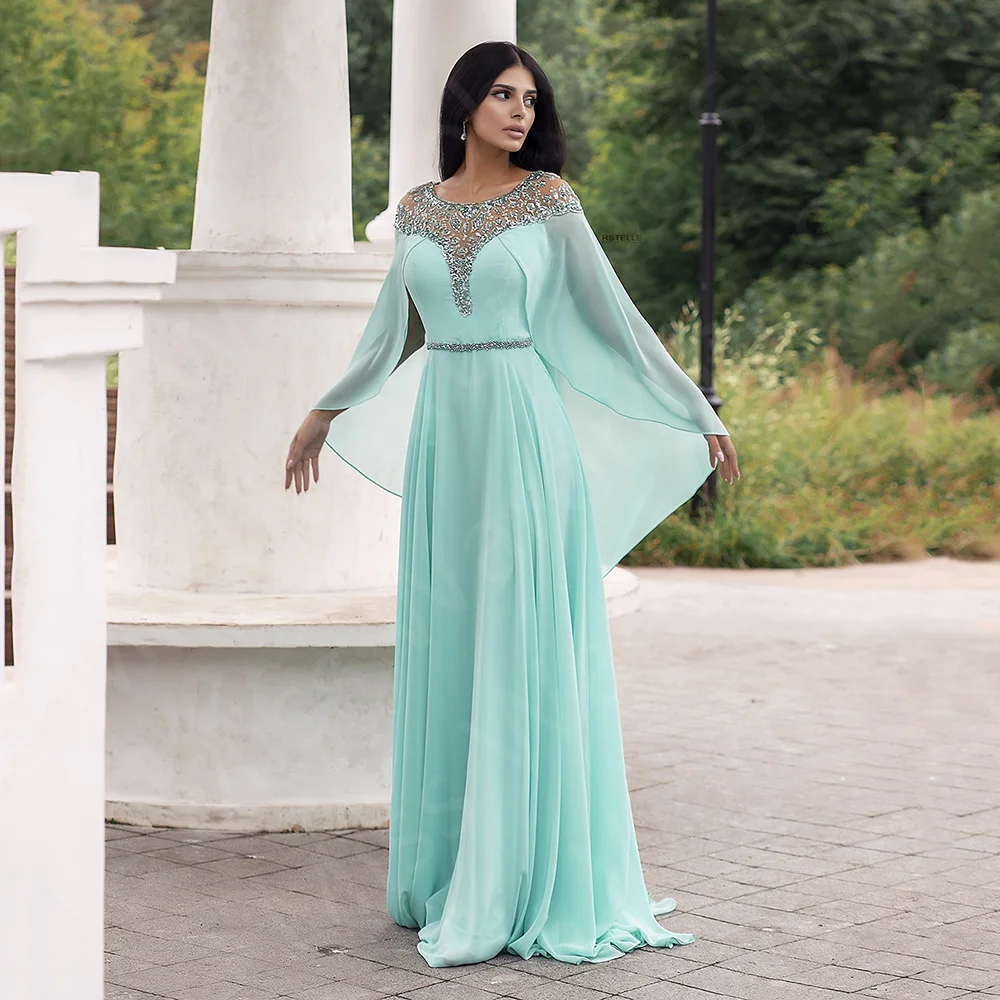 

Latest Sky Blue Evening Dresses Arabic Chiffon Prom Party Gowns Illusion Round Neck Wedding Guest Dresses 2024 Beading Back
