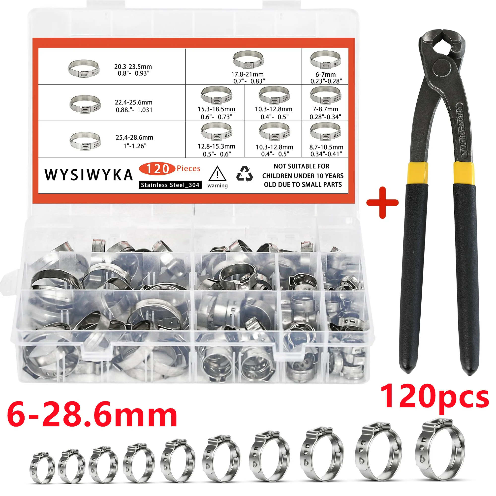 

120pcs 304 Stainless Steel Single Ear Hose Clamps with Pliers Kit 6-28.6mm Crimp Hose Clamps Cinch Clamp Rings Automotive Tools