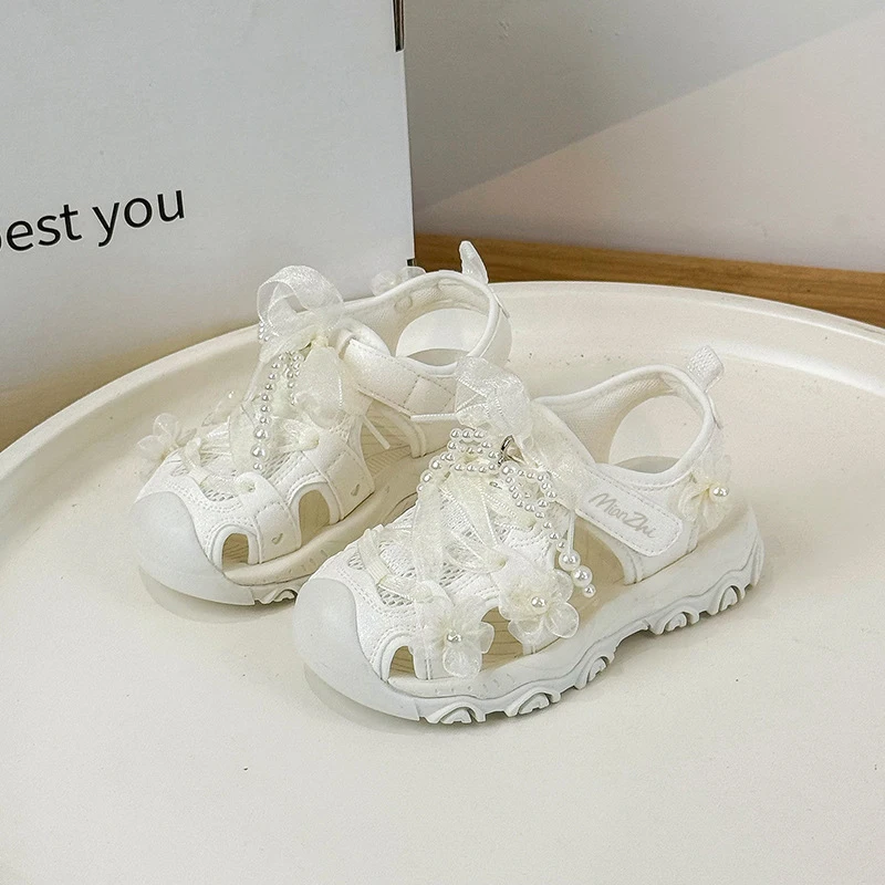 Girls Summer Non Slip Sandals Beige Silver Beading Bow