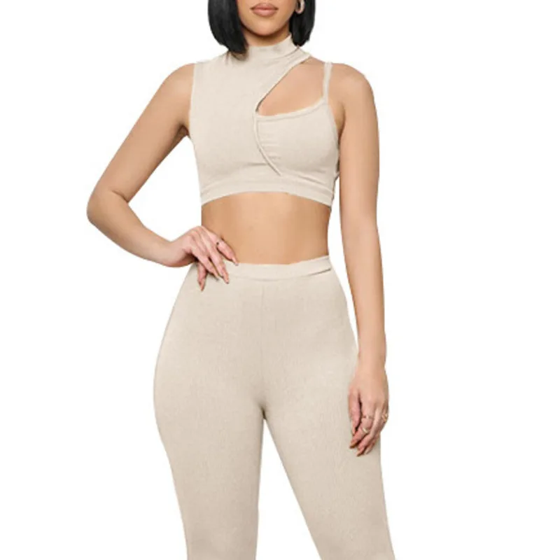 Summer Early Autumn New Women's Solid Color Single Shoulder Hollow Sleeveless Sexy Crop Pants Fashion Casual Two-piece Suit
