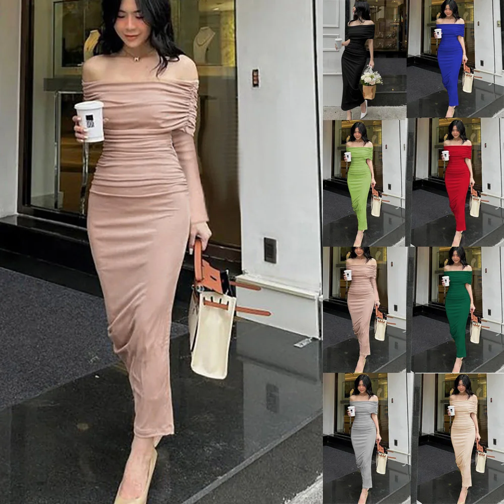 

2023 Spring Off Shoulder Pleated Dress Slim Split Bottom Dress Long Dress Sexy Arm Wrap Dress