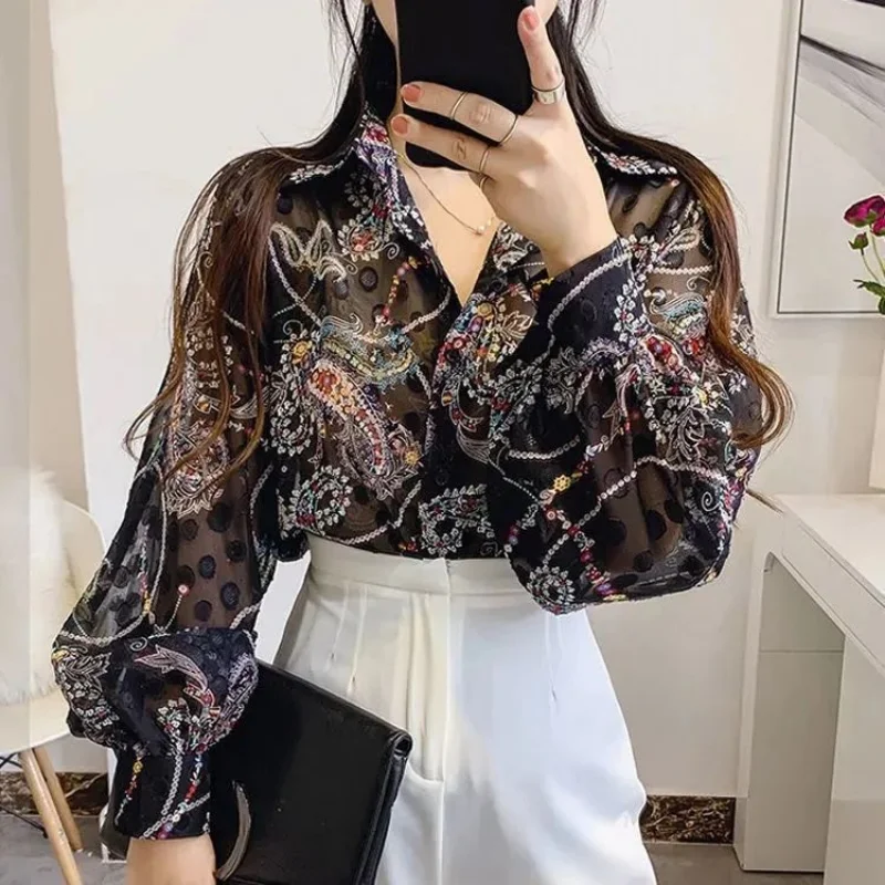 Summer New Chiffon Thin Floral Blouse Long Sleeve Polo Neck Loose Printing Temperament Shirt Tops Fashion Elegant Women Clothing