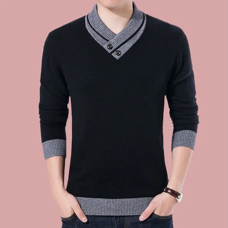 Autumn Winter New Shirt for Men Sweater Long Sleeve Plush V-Neck Fashion Casual Button Splice Pullover Knitted Patchwork Tops