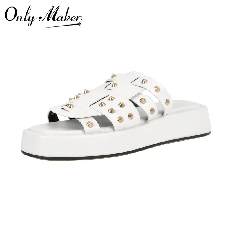 

Onlymaker Women White Rivet Studded Platform Slippers Mules Slide Slip On Sandals Casual Daily Comfortable Punk Flat Sandals