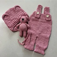 Vêtements de photographie pour nouveau-nés, barboteuse tissée à la main, pantalon, chapeau d'ours et poupées d'ours, accessoires de décoration, tenues de séance photo pour bébé, 3 pièces/ensembles 5