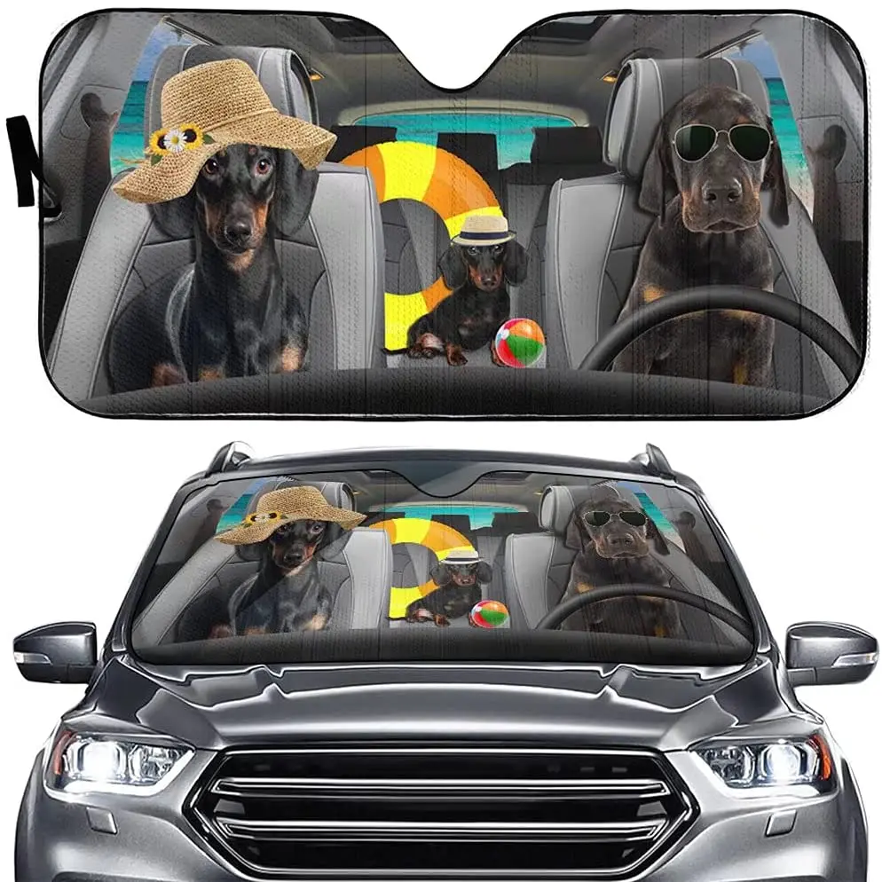 

Vacasion Dachshund Dog Driver Car Sun Shade Pet Dog Auto Front Window Windshield Sunshade Family Animal Anti-Sunlight Automotive