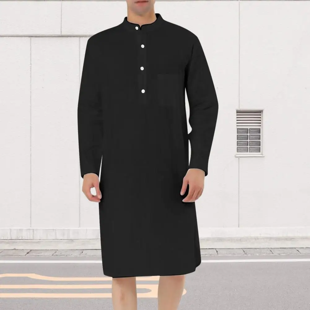 

Lightweight Men Shirt Robe Stylish Men's Knee Length Shirt Stand Collar Long Sleeve Patch Pocket for Spring Fall Fashion Knee