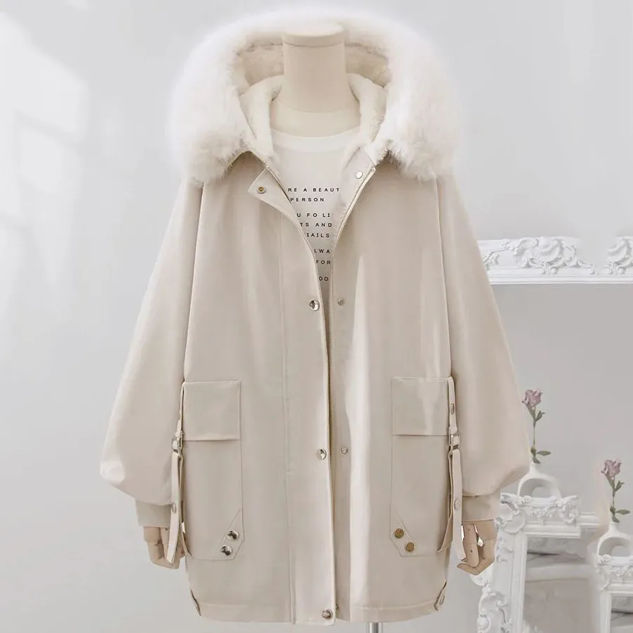 

Slim Fur Collar Warm Snow Wear Padded Clothes Outerwear Women Parkas Fashion Long Coat Wool Liner Hooded Chic Y2k Winter Jackets