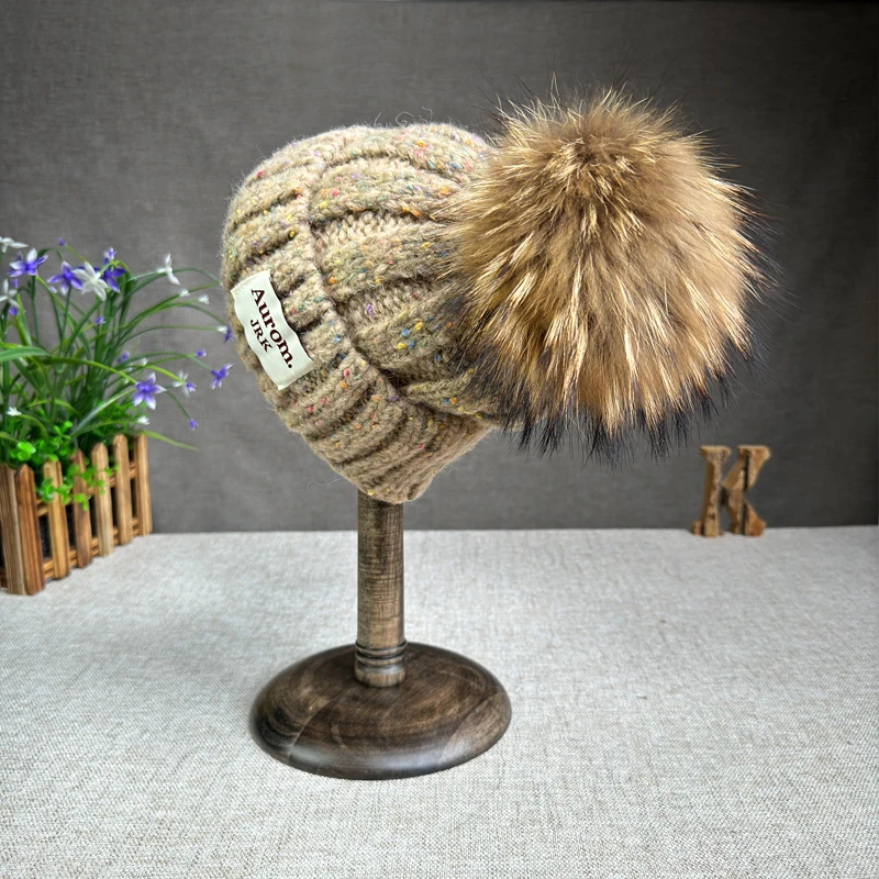 2024 New Fashion Natural fur pompom hat for women High quality mix-Color Travel Beanies Winter Hats for women Warm Female beanie 3