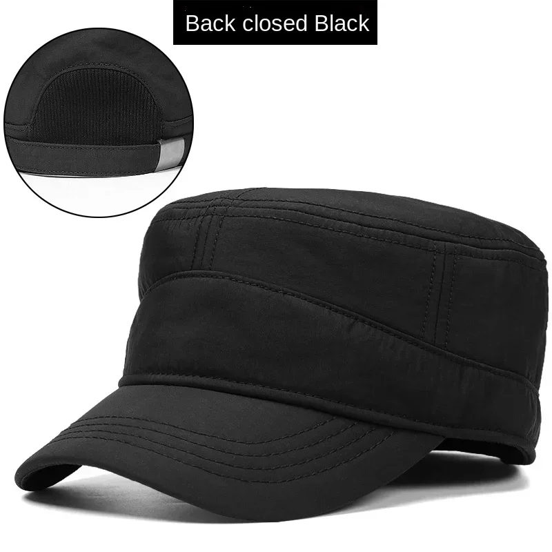 Men's Winter Baseball Cap Plush Thickened Flat Trucker Cap Military Back Closure Dad Hat Large Head Circumference