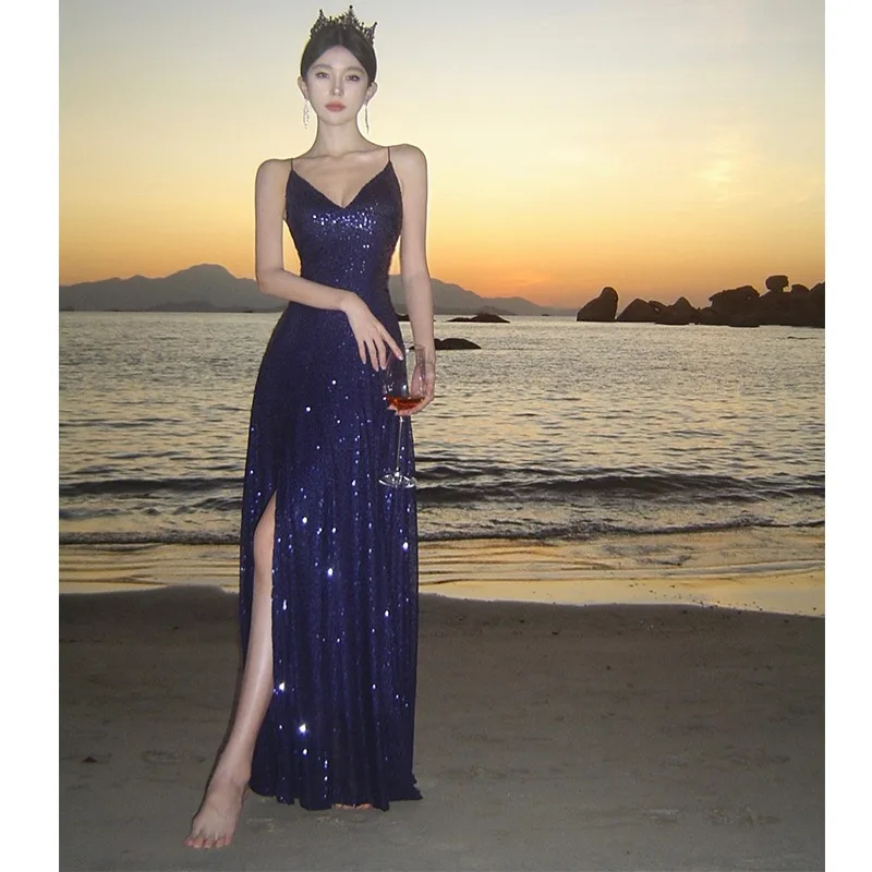 

2024 Women's Sequins Slim Formal Dress Graceful Socialite High-End Prom Sleeves Dresses New Blue Luxury Designer Ladies Clothing