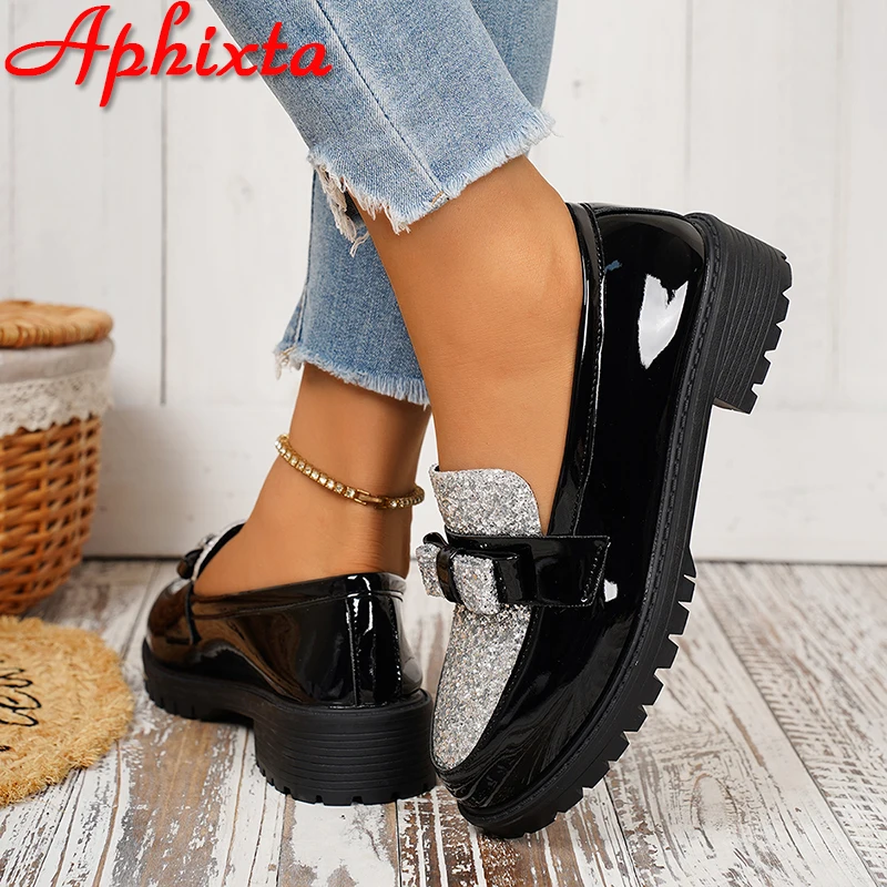 Aphixta Patchwork Bling Silvery Flat With Woman 3.5cm Heel Shoes Sewing Design Slip on Ladies Shoes Black Round Toe Casual Shoes