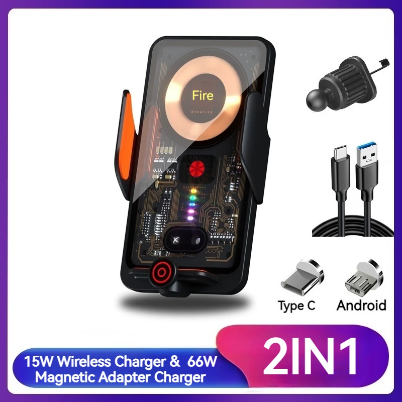 범용 마그네틱 자동차 에어 벤트 충전기, 무선 충전 스탠드, 아이폰 15, 14, 13, 12, 11 프로 맥스, 삼성용, 66W, 2 인 1, 15W 