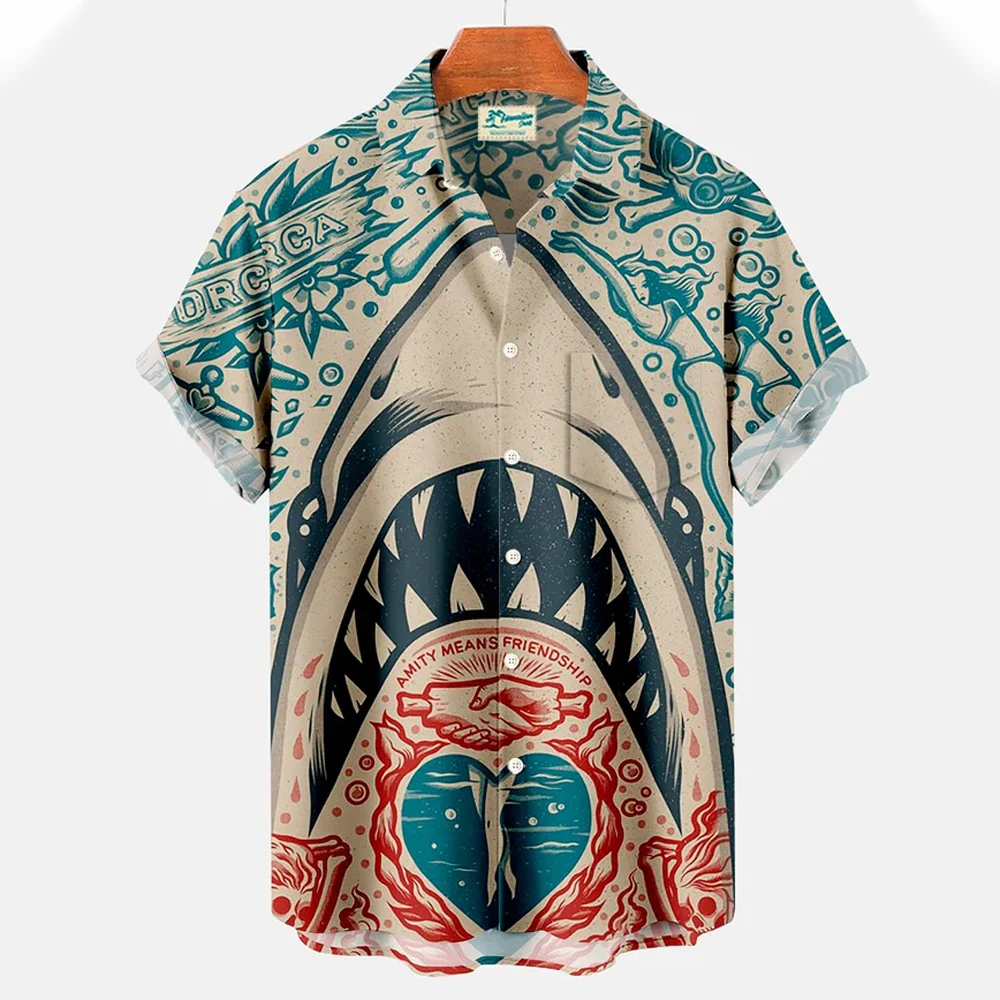 New Men's Hawaiian Beach Button Shirts Short Sleeve Animal Shark 3D Print Casual Lapel Fashion Collar Retro Clothes Hiphop 3