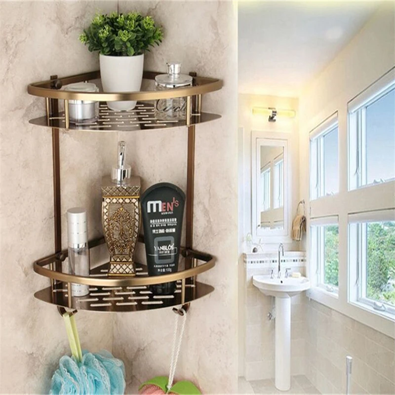 

Aluminum Bathroom Shelf Bathroom Corner Shelf With Hooks Bathroom Accessory Storage Organizer Rack Holder Wall Mounted 1-2 Tier