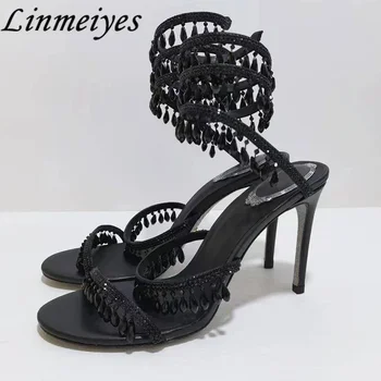 Summer High Heels Sandals Women Rhinestone String Bead Ankle Snake Twine Around Wedding Shoes Lady Gladiator Sandals Woman 1