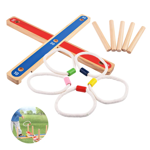 Wooden Ring Hook Game Set Funny Hook and Ring Game Outdoor Ring Throwing Game with 2 Wood Base 5 Rings 5 Sticks for Kids 2