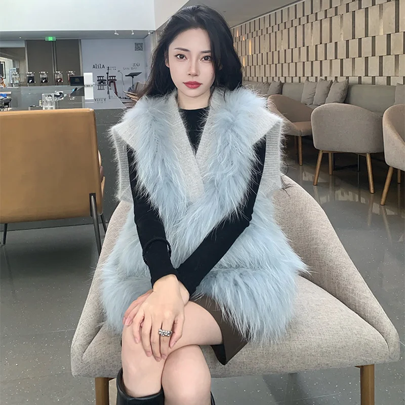 

Женский осенне-зимний жилет из натурального меха, короткая двухсторонняя трикотажная однотонная куртка из меха енота и собаки с V-образным вырезом