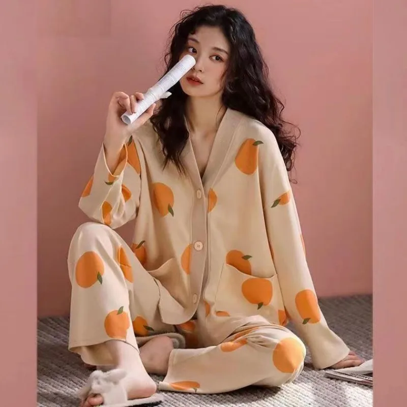 Print Sleepwear Women Pajama Sets Long Sleeve Long Pants Homewear Sets Luxury Brand Clothes Korean Chic Spring Autumn Pajamas