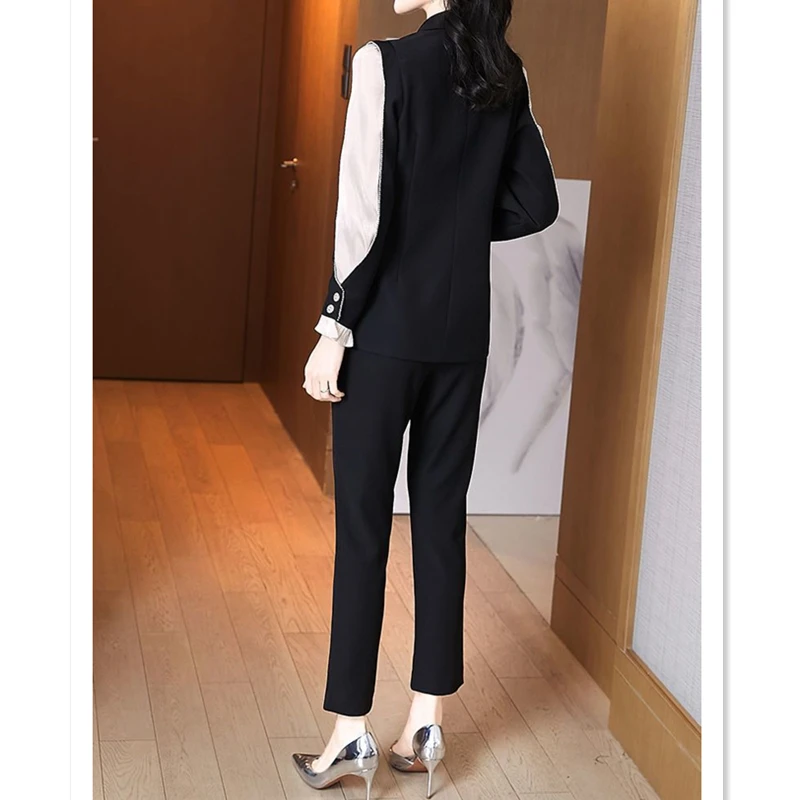 Black Patchwork Blazers Pants Two Piece Set Spring Autumn Women Workwear Office Lady Graceful Slim Suit Coat Trousers Outfits