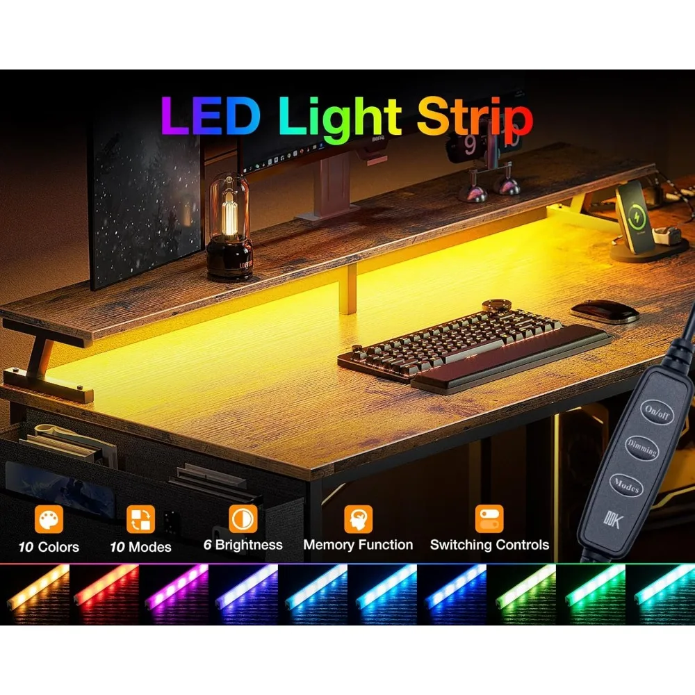 58 Inch Gaming Desk with USB Charging Ports and LED Lights, Reversible L Shaped Computer Desk with Storage Shelves & Monitor St