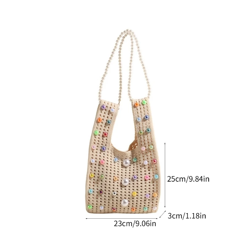 Hollow Out Knitted Handbag with Beaded Chain Single Shoulder Wrist Bag for Girl