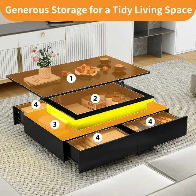 Lift Top Coffee Table with LED Lights & 4 Drawers for Living Room Cocktail Table 5
