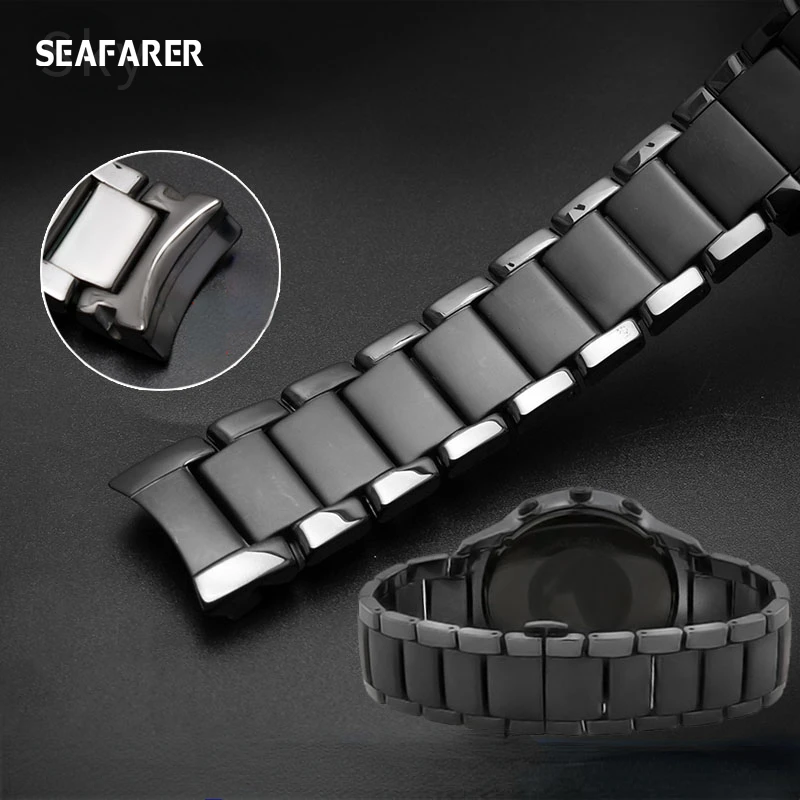 Ceramic Black Watch Band Bracelet - Unisex, 22-24mm Strap