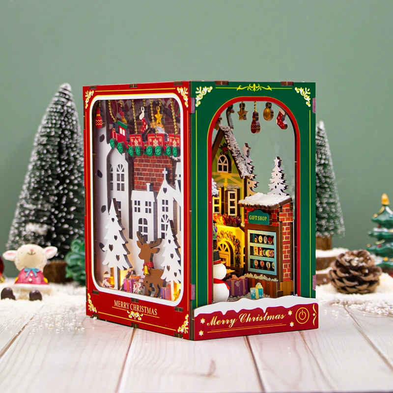 DIY Wooden Winter of Christmas Book Nook Shelf Insert Miniature Model Kits With Furniture Lights Bookshelf Bookend Friends Gifts 2