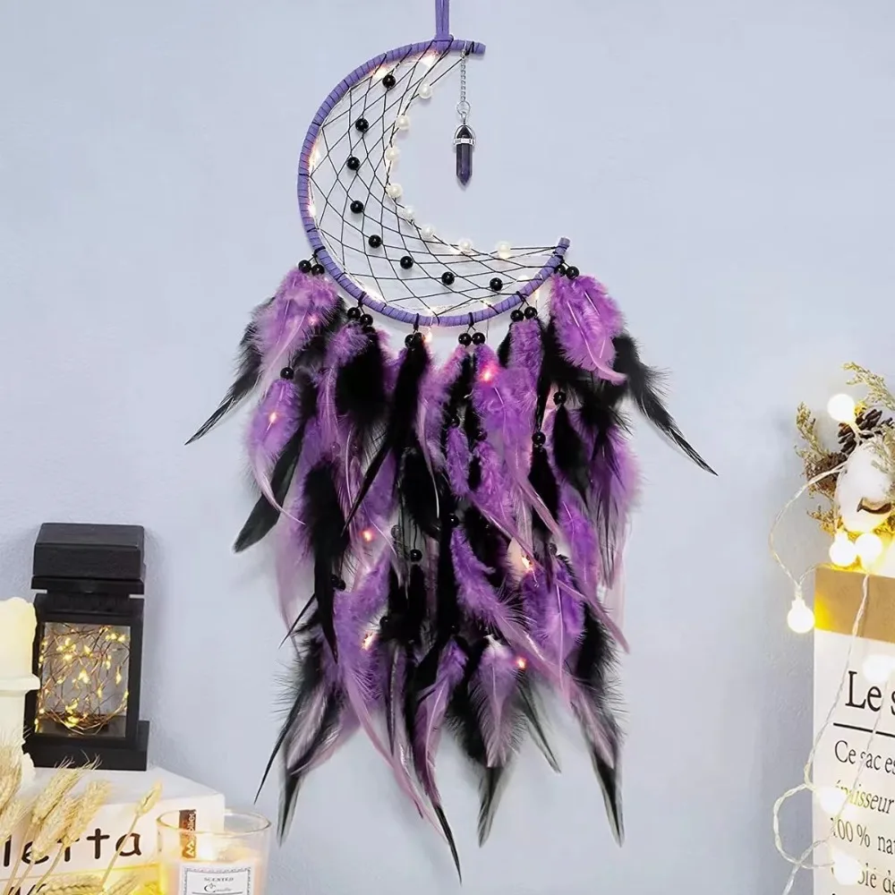 

Feather Moon Dream Catcher 15.7 Inch Purple/Black Feather Woven Wind Chime Pendant Dreamcatcher Wall Decoration Office