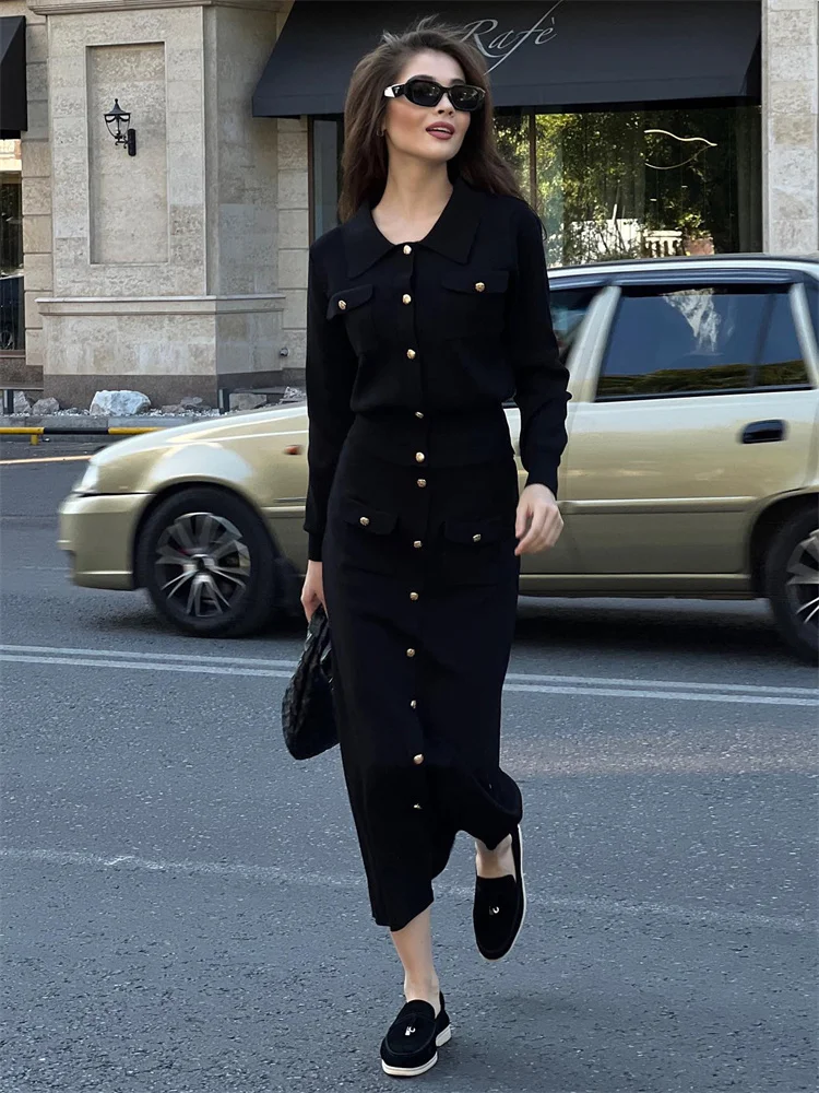 Conjunto de 2 piezas de punto con solapa y falda larga para mujer, moda de retazos, conjuntos ajustados de cintura alta, ropa de calle, conjuntos de falda larga de otoño para mujer