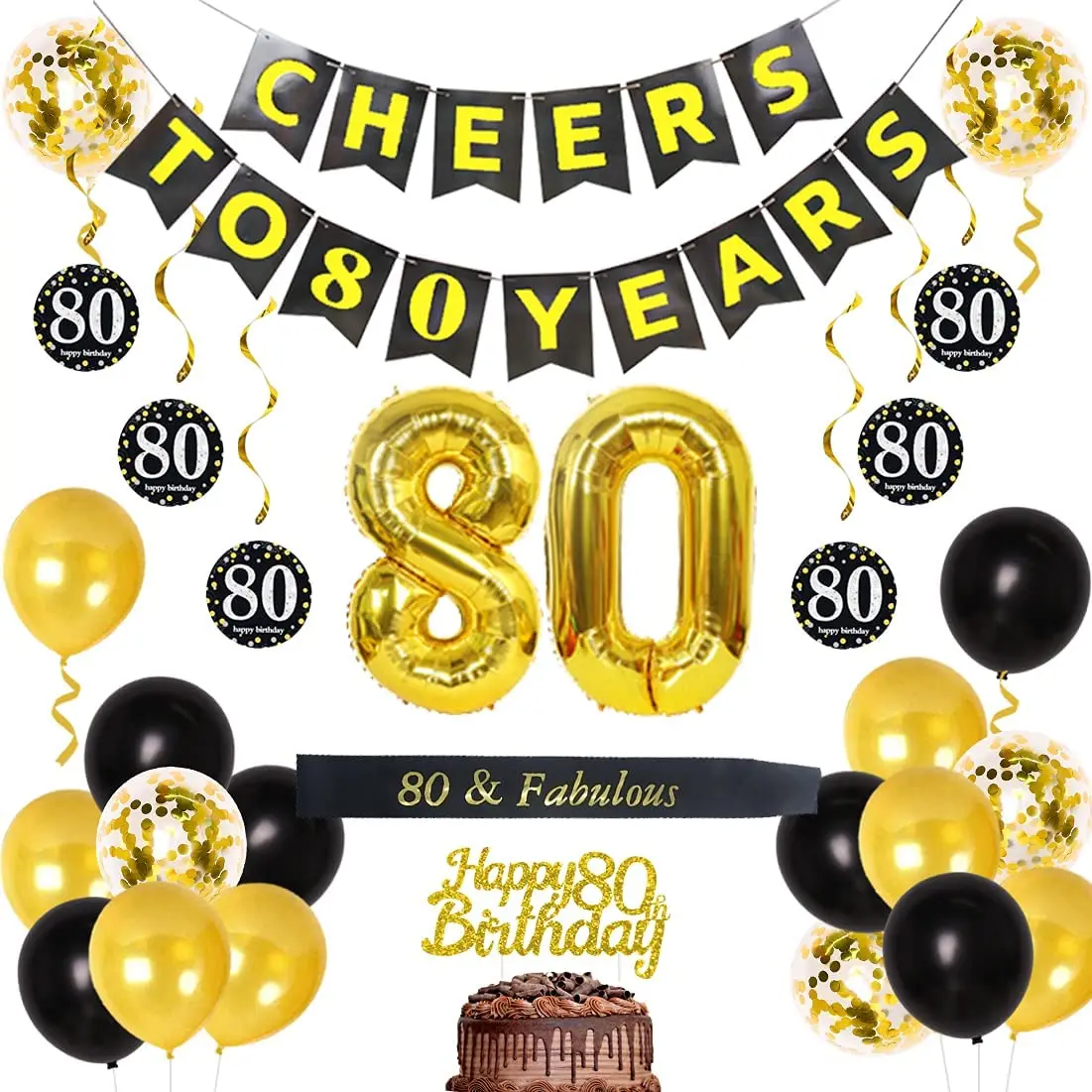 

Party Supplies with Cheers to 80 Years Old, 80th Birthday Decorations, Hanging Swirls, Black and Gold, 80 Years Old