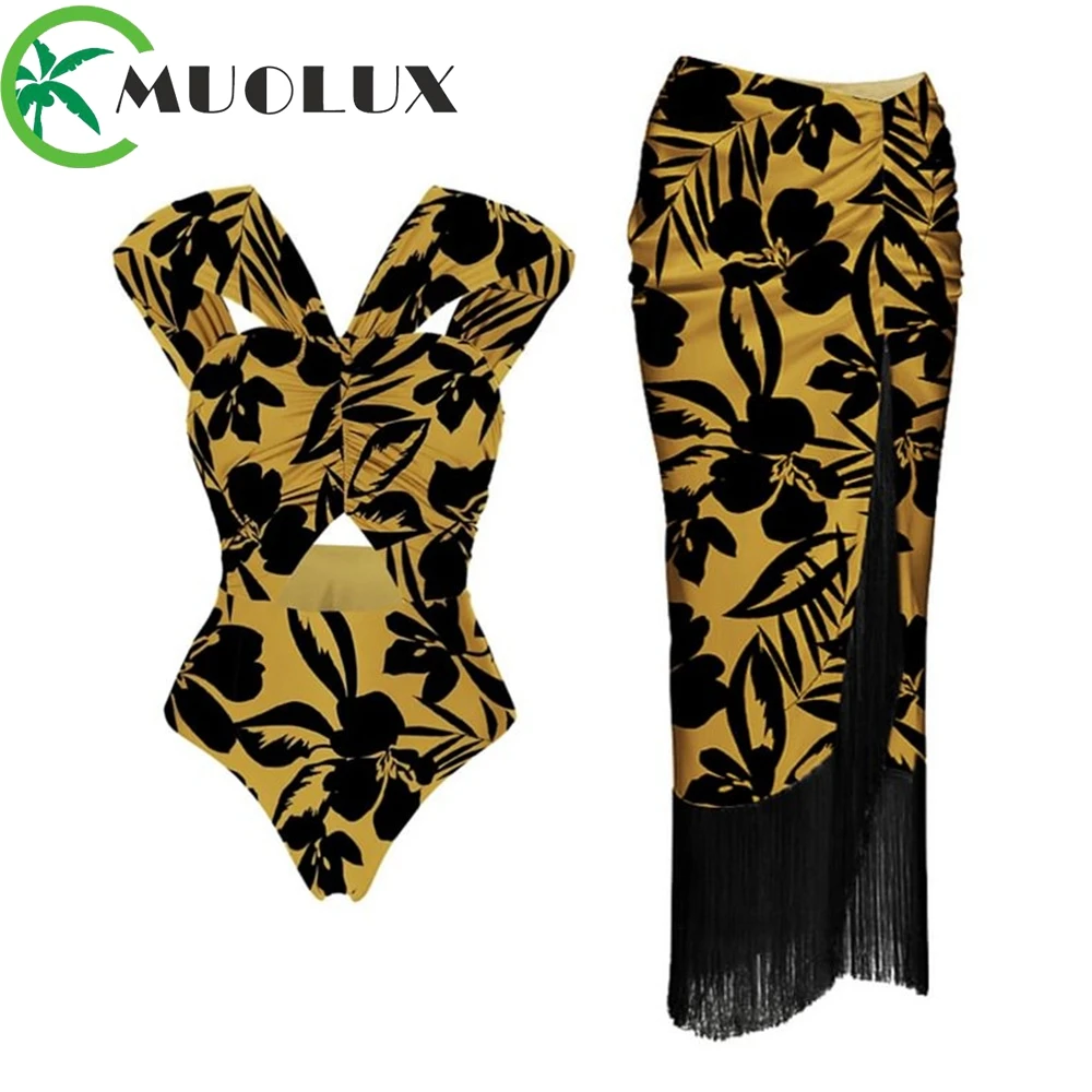 

MUOLUX 2024 New Swimsuit Sexy Women Swimwear High Waist Bikini Summer Beachwear Dress One Piece Bikinis Set Bathing Suit Skirt