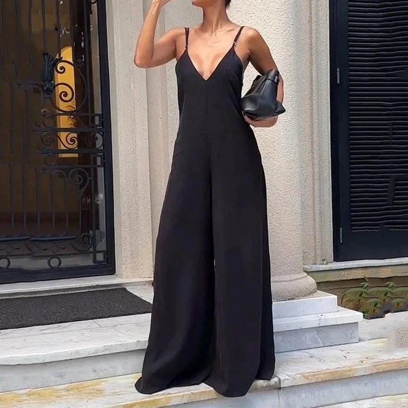 Wefads Jumpsuit Women Summer Thin Casual Sexy Sleeveless Suspender V Neck Solid Black Office Lady Wide Legs Rompers Streetwear