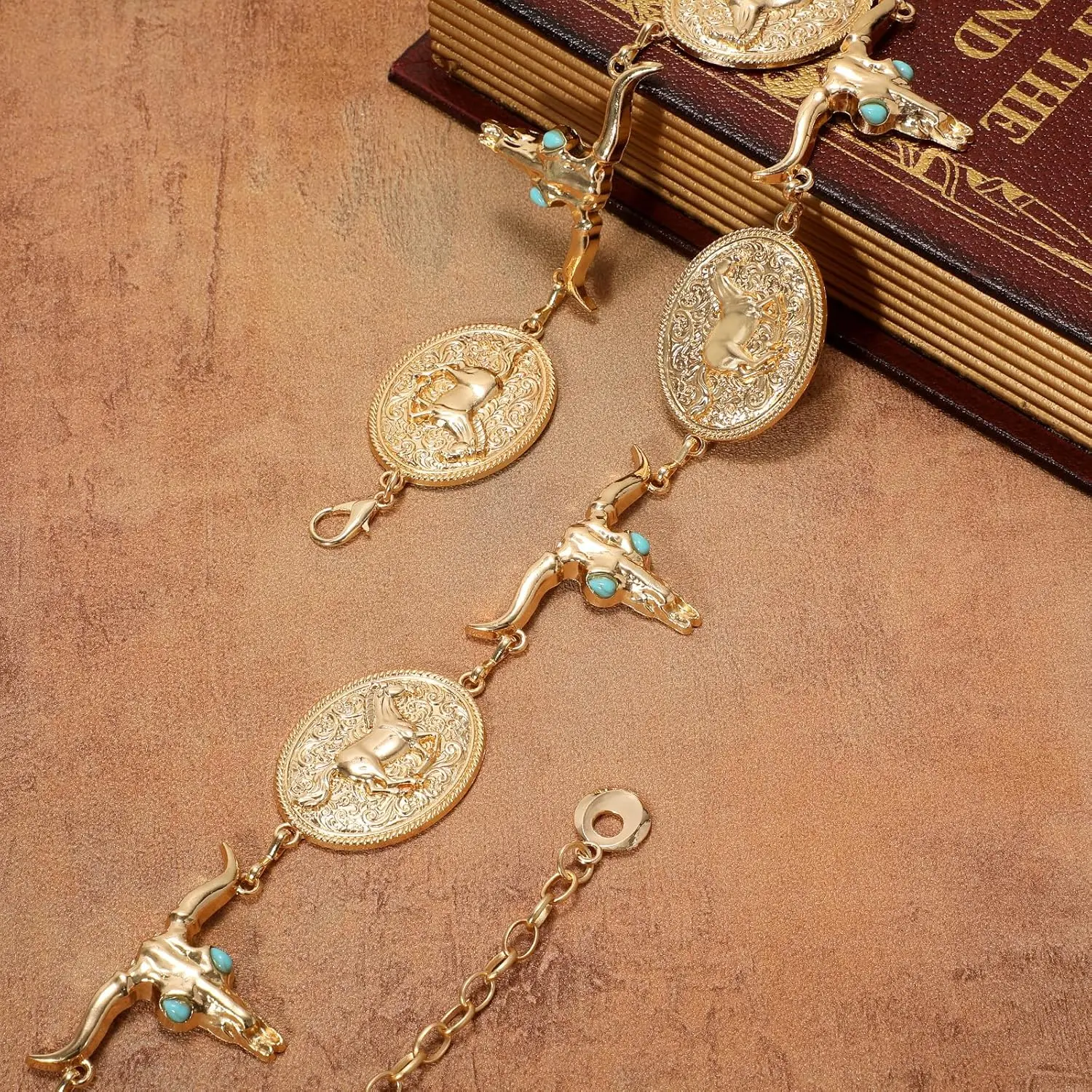 Damen Western Metall-Concho-Gürtel Vintage Boho Goldkette Gürtel für Kleider Jeans Verstellbare Cowgirl Taillenkette – Detail 8