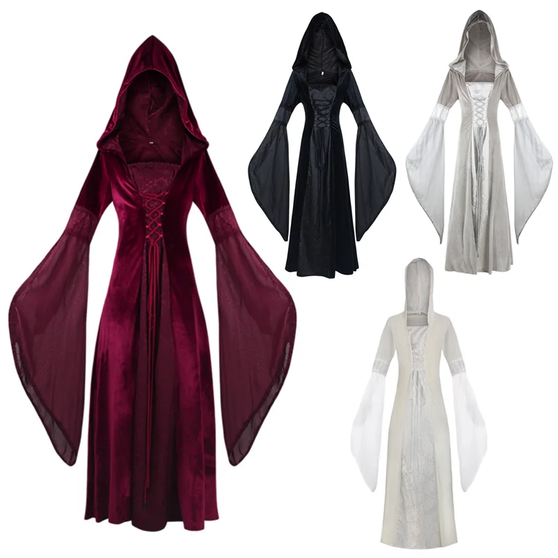 

Medieval Renaissance Vintage Dress Women Witch Wicca Vampire Halloween Cosplay Costume Hooded Palace Gothic Ball Gown Robe Dress